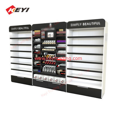 Custom Wooden Wall Cosmetic Shelves Display Cabinet And Makeup Display Wall Showcase For Cosmetic Salon Store