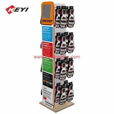 Wooden Double Sided Floor Stand Motorbike Glove Display Rack With Hooks