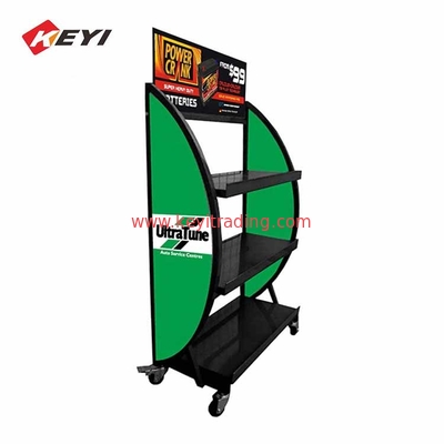 Custom graphics 3 tier floor Car Battery Stand with 4 Caster wheel