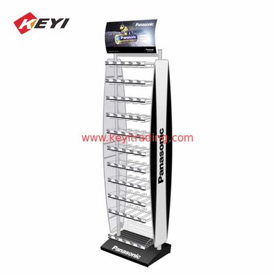 Retail Shop Metal Hanging Stand Floor Battery Display Rack With Hooks