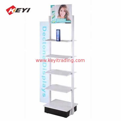Custom Retail Store Tiered Metal Shelf Shampoo Display Stand With Sign Holder Frame