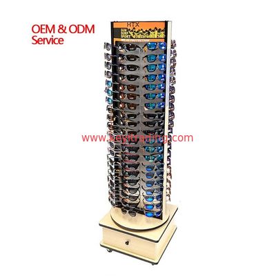 Double Sided Wooden Rotating Sunglasses Display Stand With Storage Drawer
