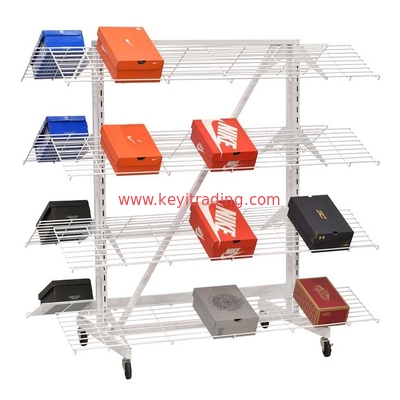 Retail Store Double Sided Adjustable White Metal Frame Shoe Display Shelves With 4 Wheel