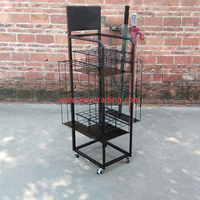 OEM Custom Floor Standing Black Metal Umbrella Display Rack With Wheel