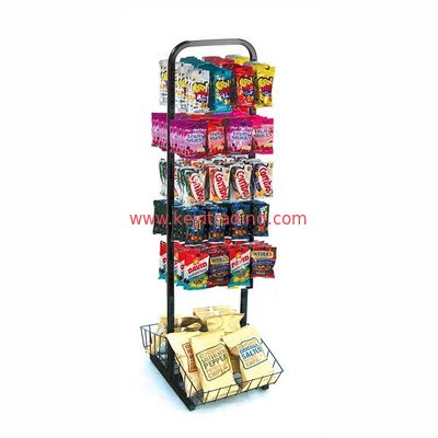 Floor Stand Double Sided Snack Potato Chip Display Rack With 2 Wire Basket