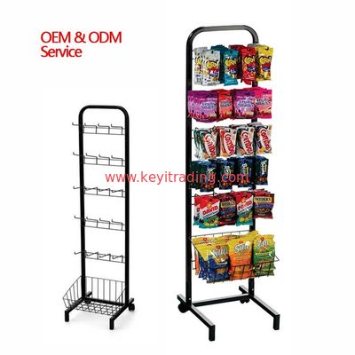 Floor Stand Metal Potato Chip Display Rack - Adjustable metal frame, Storage Wire Basket, Hook