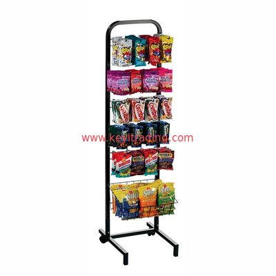 Floor Stand Metal Potato Chip Display Rack - Adjustable metal frame, Storage Wire Basket, Hook