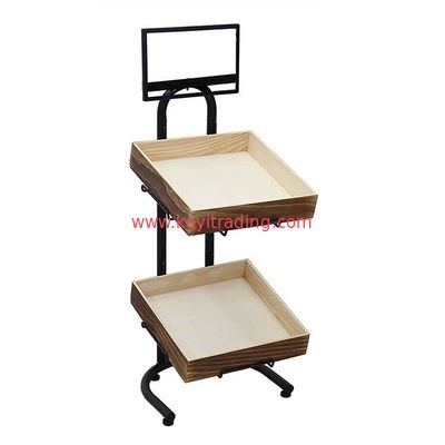 Customize Bakery Floor Standing Black Metal Bread Dispaly With Wood Tray