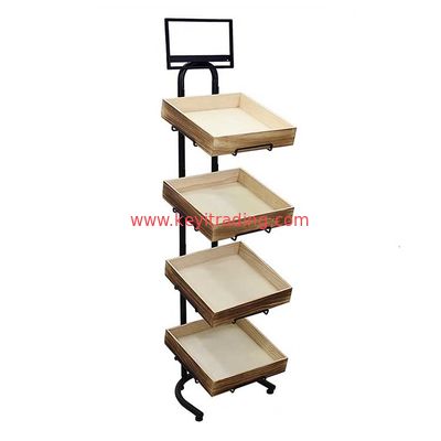 Customize Bakery Floor Standing Black Metal Bread Dispaly With Wood Tray