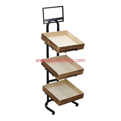 Customize Bakery Floor Standing Black Metal Bread Dispaly With Wood Tray