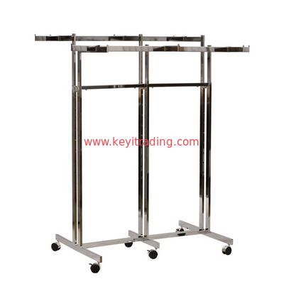 Adjustable Double Pole Chrome Clothing Display Rack With 6 Wheel