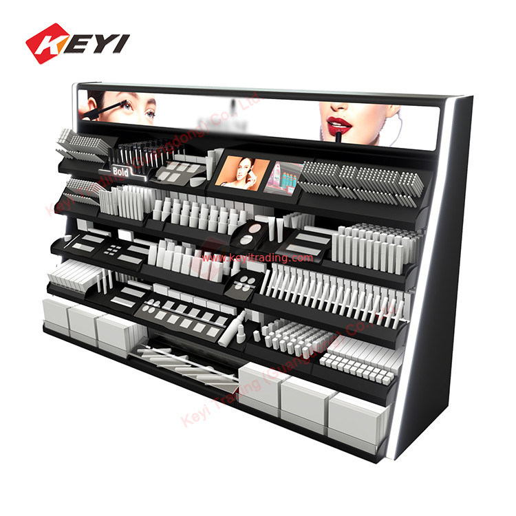 Custom Wooden Wall Cosmetic Shelves Display Cabinet And Makeup Display Wall Showcase For Cosmetic Salon Store