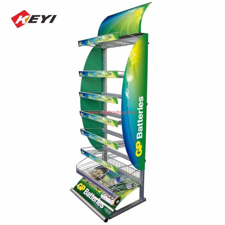 Retail Shop Metal Hanging Stand Floor Battery Display Rack With Hooks
