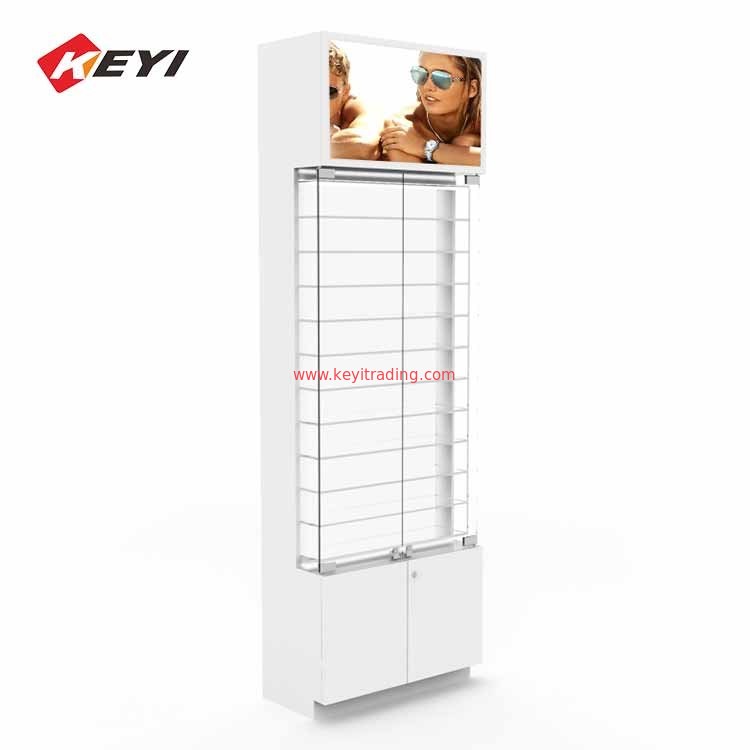 Optical Shop Floor Standing Wood And Glass Sunglass Display Cabinet With Lock