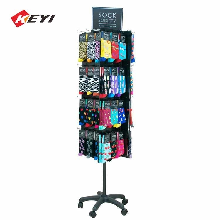 Retail Shop Floor Standing Rotating Display Rack Hanging Socks Display Stands With Hooks