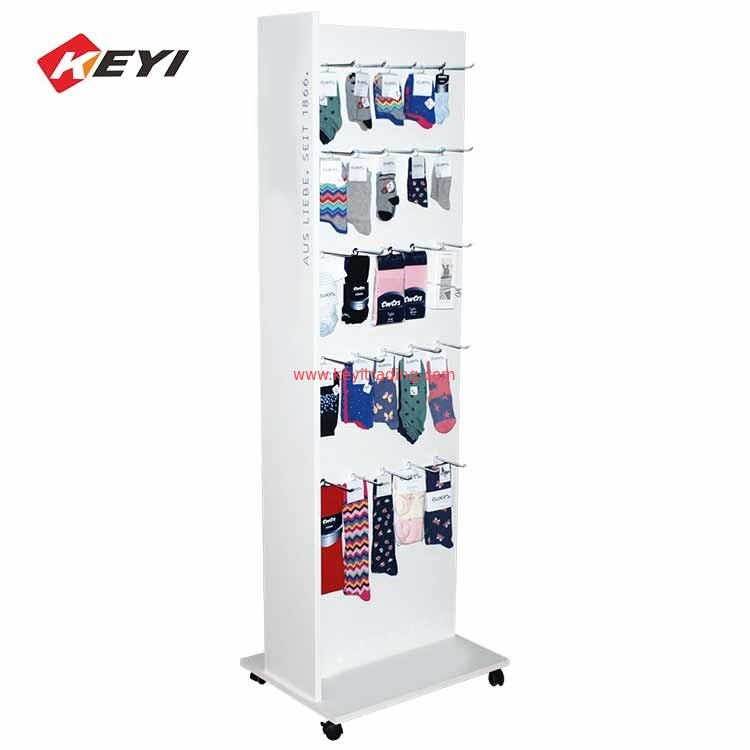 Removable White Wood Display Stand Hanging Socks Display Shelf With 4 Caster