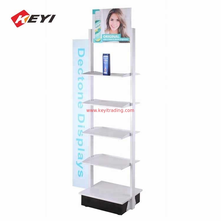 Custom Retail Store Tiered Metal Shelf Shampoo Display Stand With Sign Holder Frame