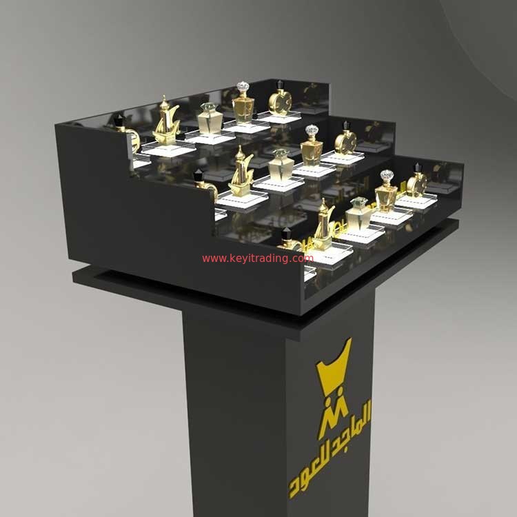 Freestanding Luxury Wooden 3 Step Perfume Display Rack With Led Light