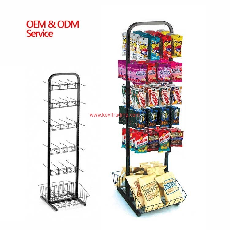 Floor Stand Double Sided Snack Potato Chip Display Rack With 2 Wire Basket