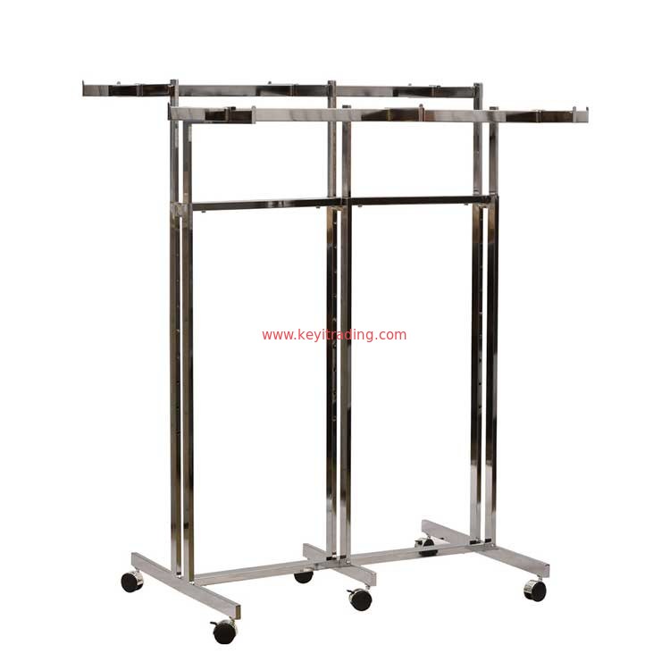 Adjustable Double Pole Chrome Clothing Display Rack With 6 Wheel
